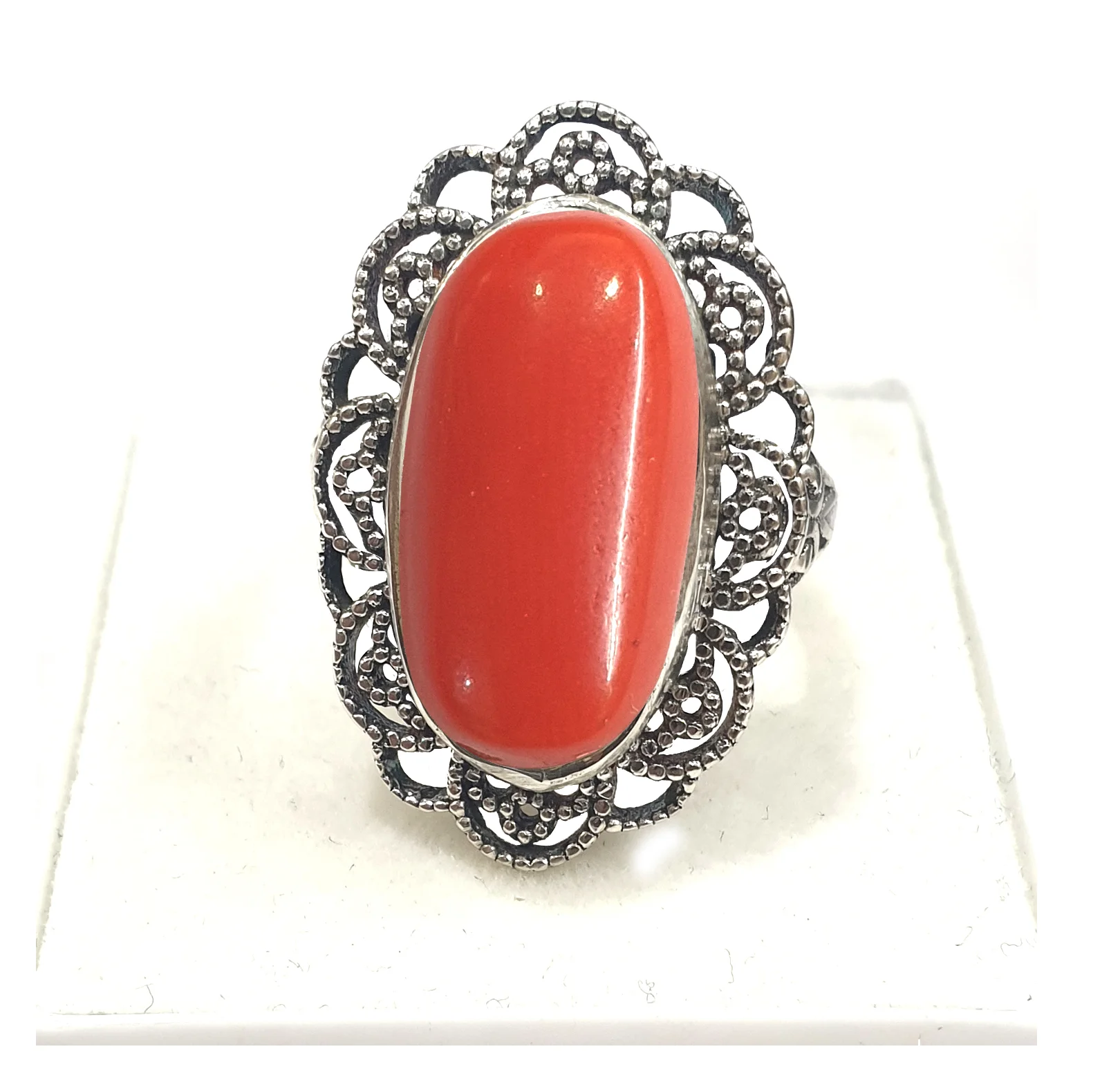 925 Sterling Silver Certified Natural Red Coral Gemstone Antique Ring